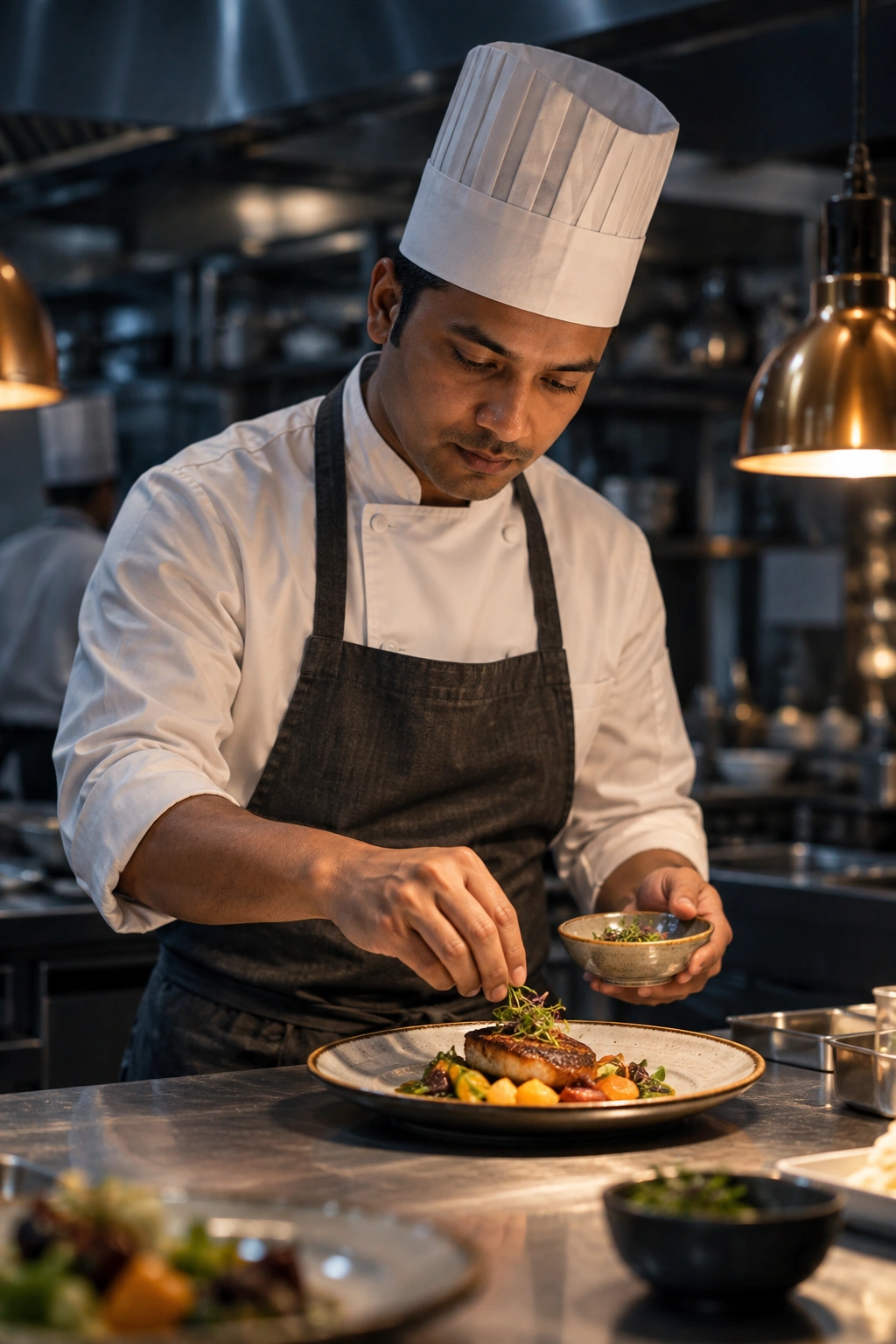 Illustrative chef carefully finishing a dish in a professional kitchen
