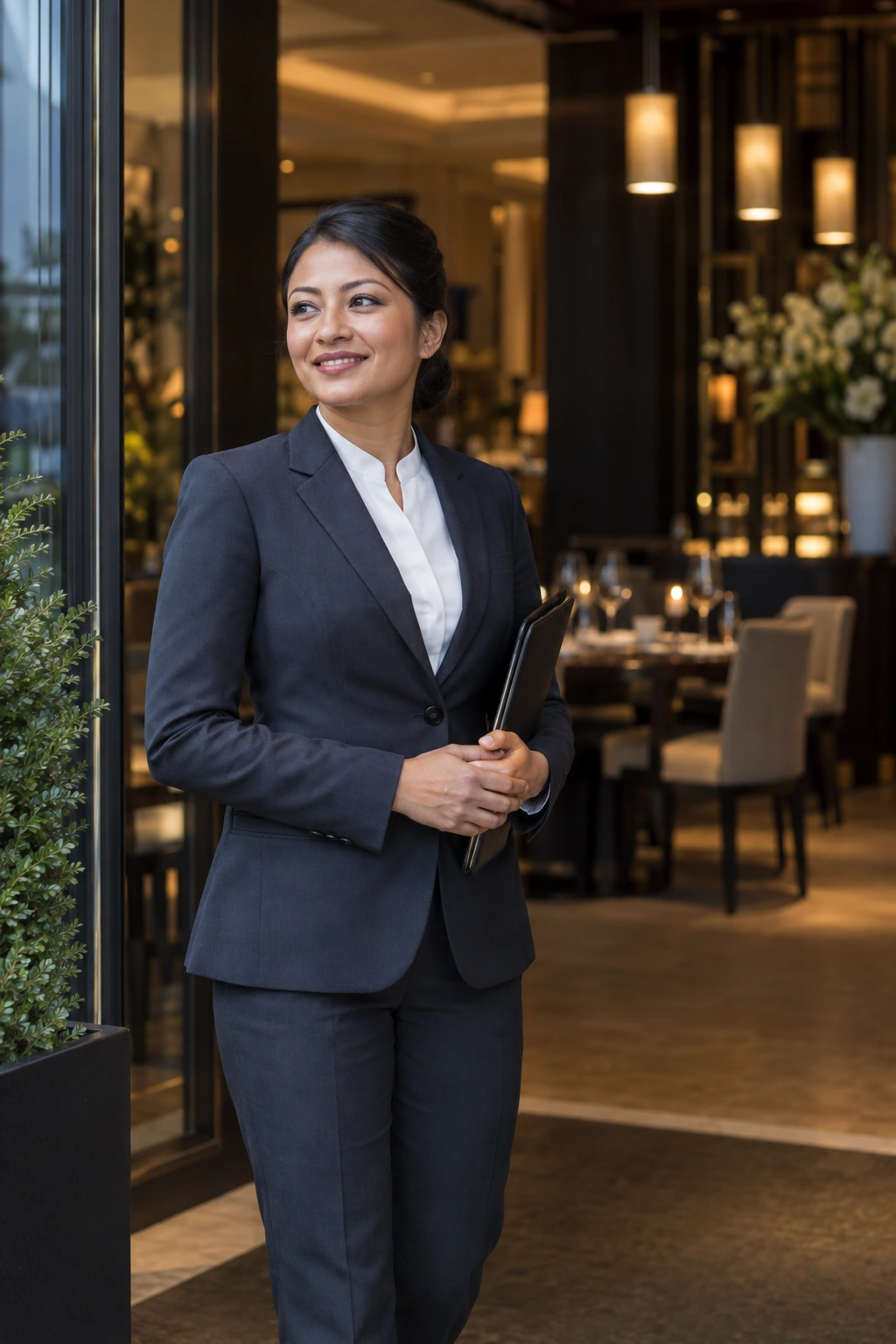 Illustrative restaurant supervisor welcoming guests